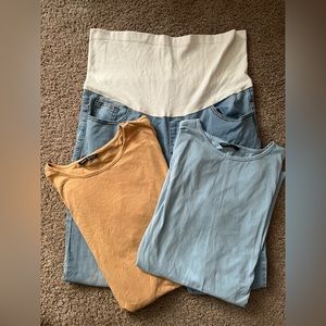 Maternity Distressed Hem Jeans W/ Two Side Split Maternity T-shirts Blue/Orange